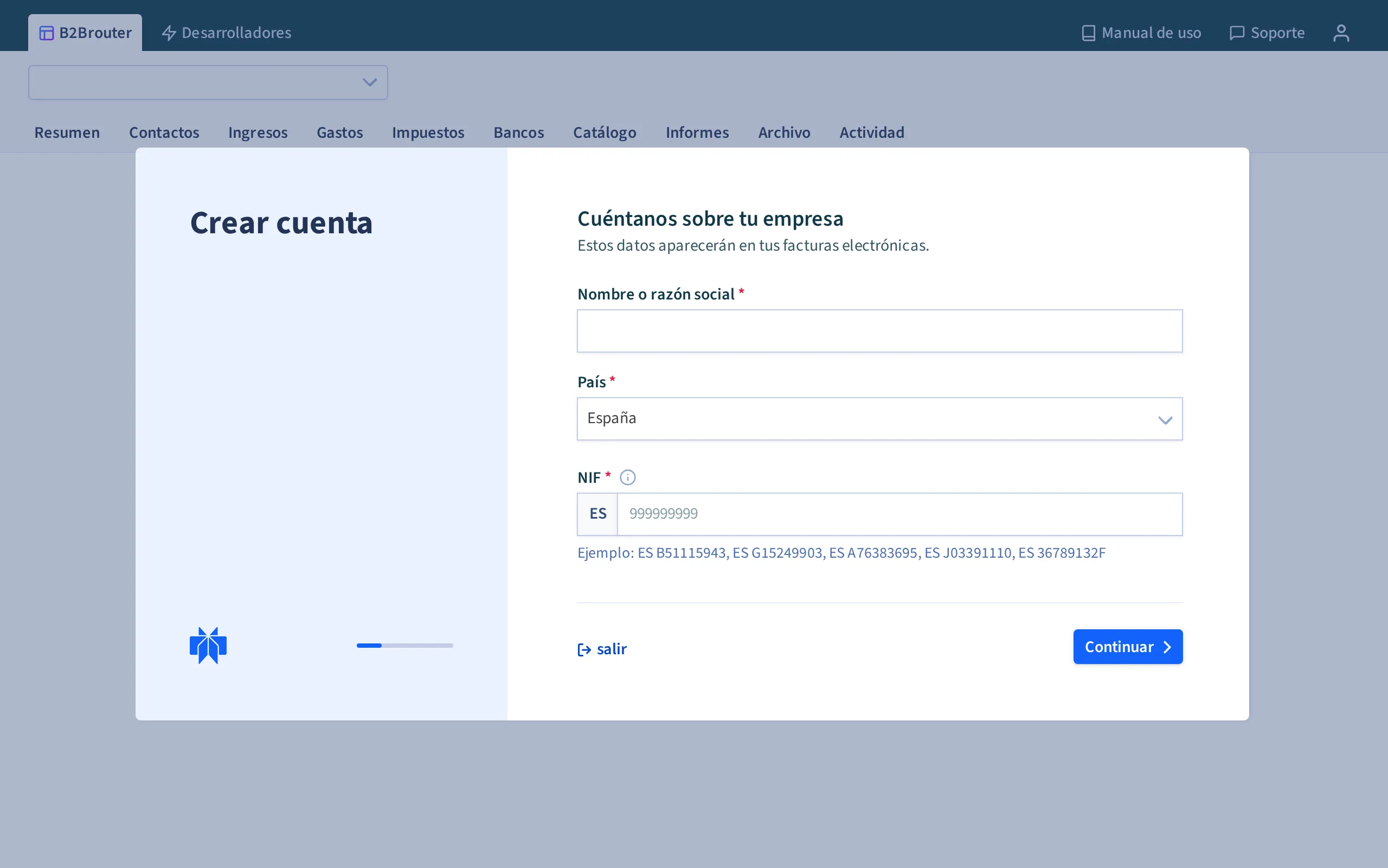 Crear la cuenta de empresa al acceder por primera vez a B2Brouter