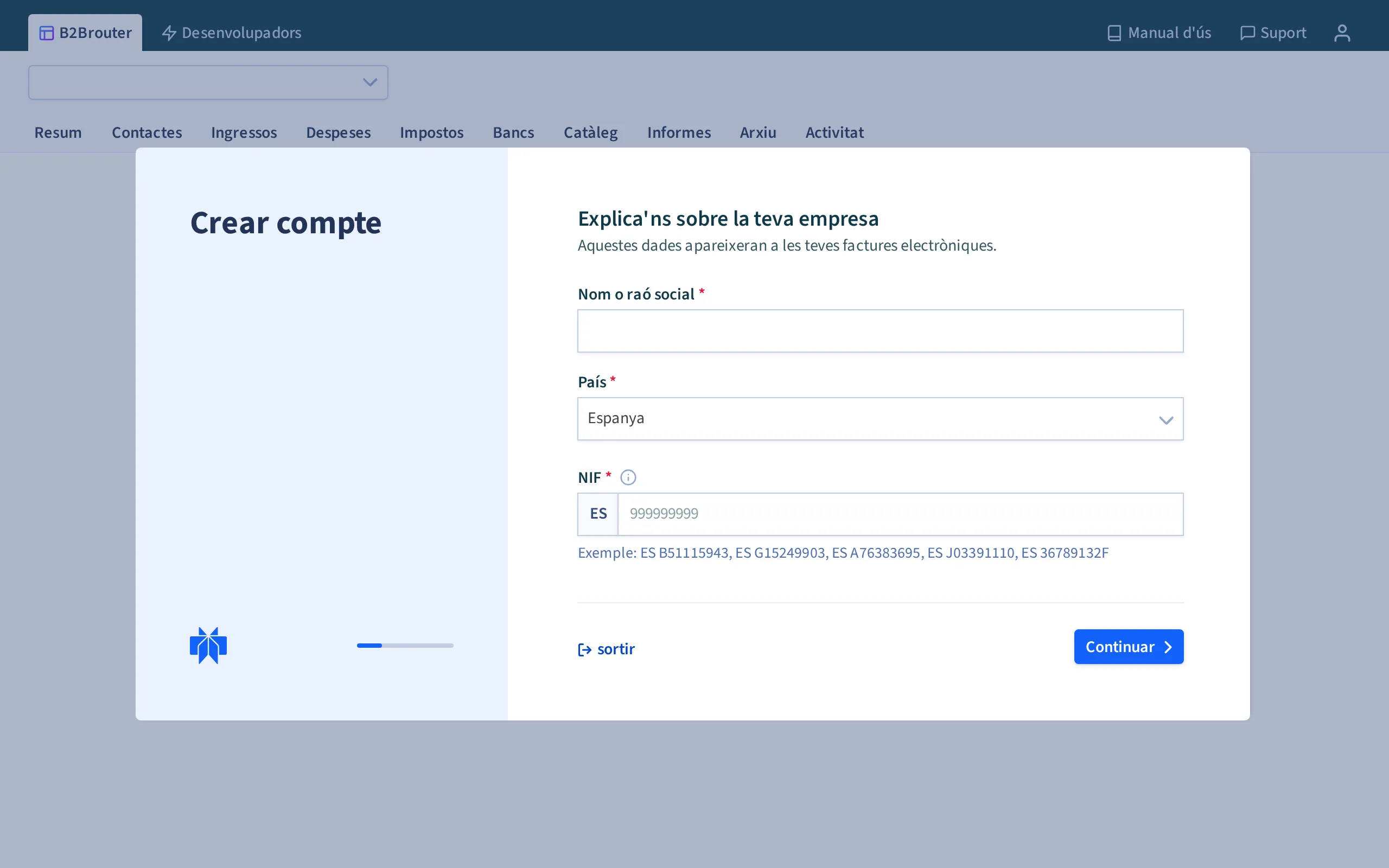 Crear el compte d'empresa en accedir per primer cop a B2Brouter