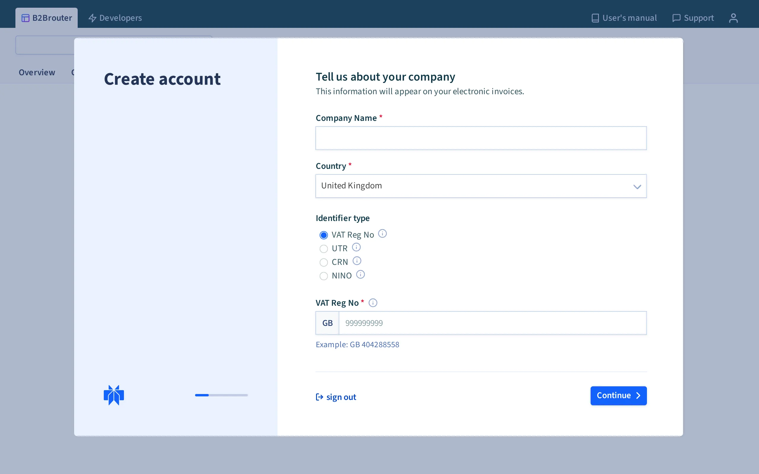 Creating your company account on first login to B2Brouter