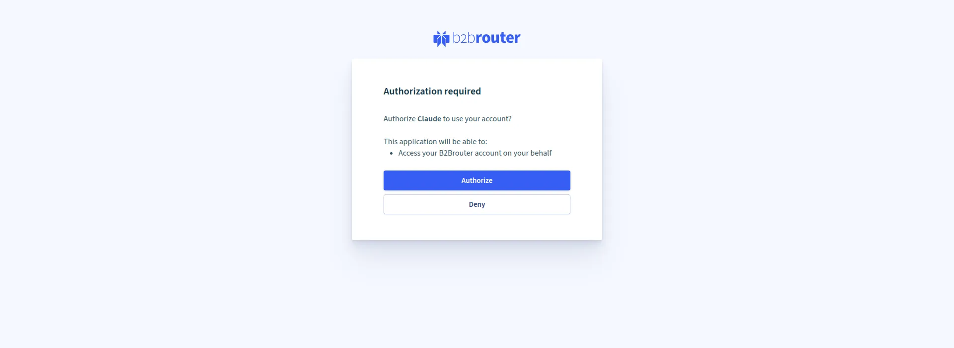 The B2Brouter authorization screen shown after signing in, asking to authorize Claude