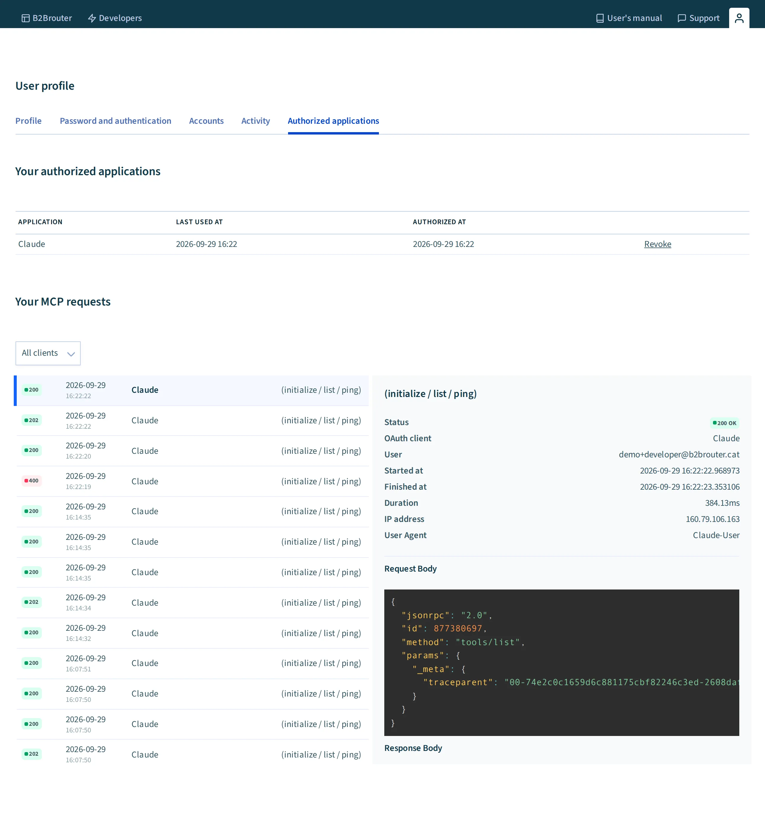 B2Brouter profile with Claude under Authorized applications and the MCP Activity log