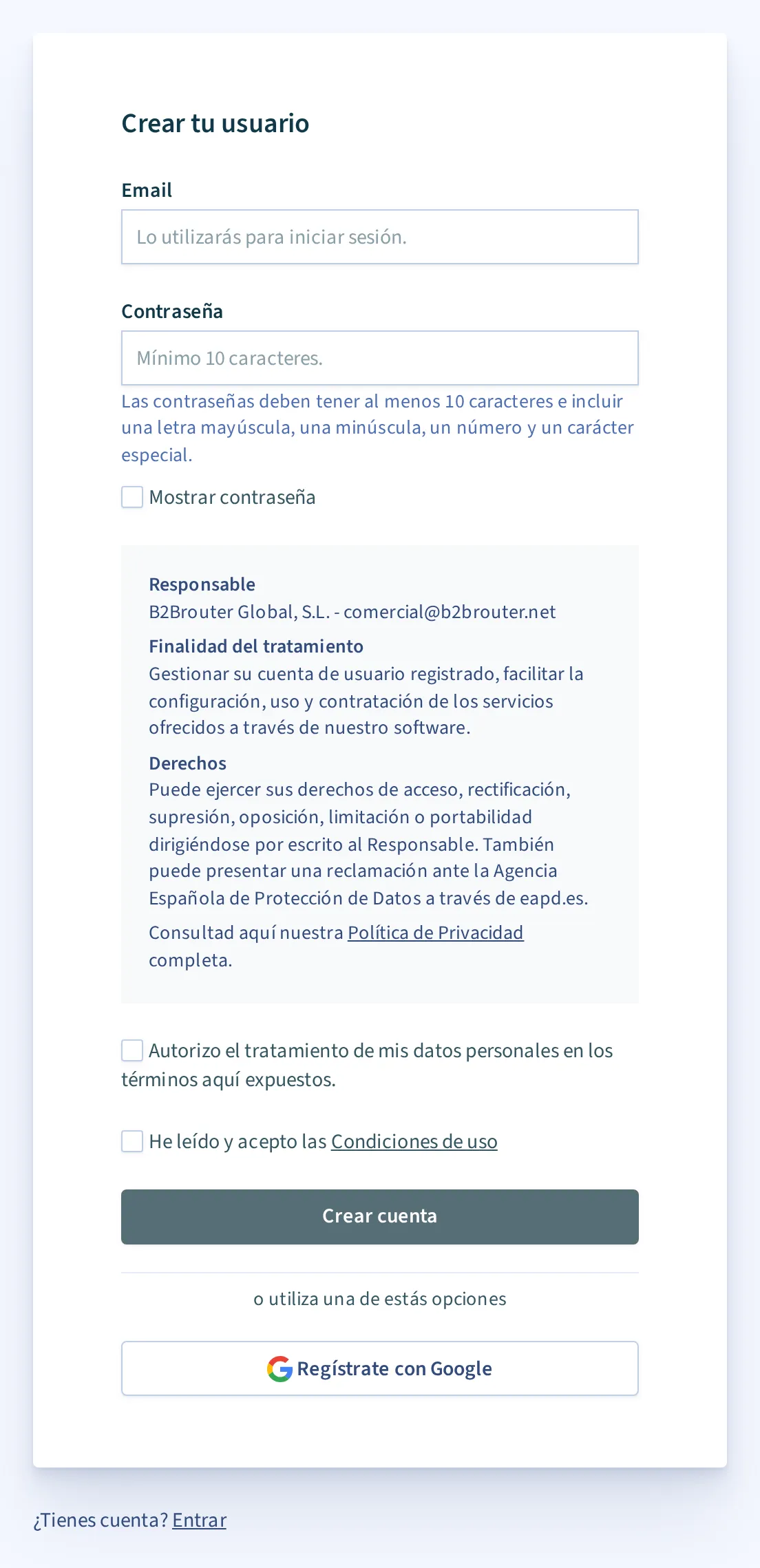 El formulario de registro de B2Brouter
