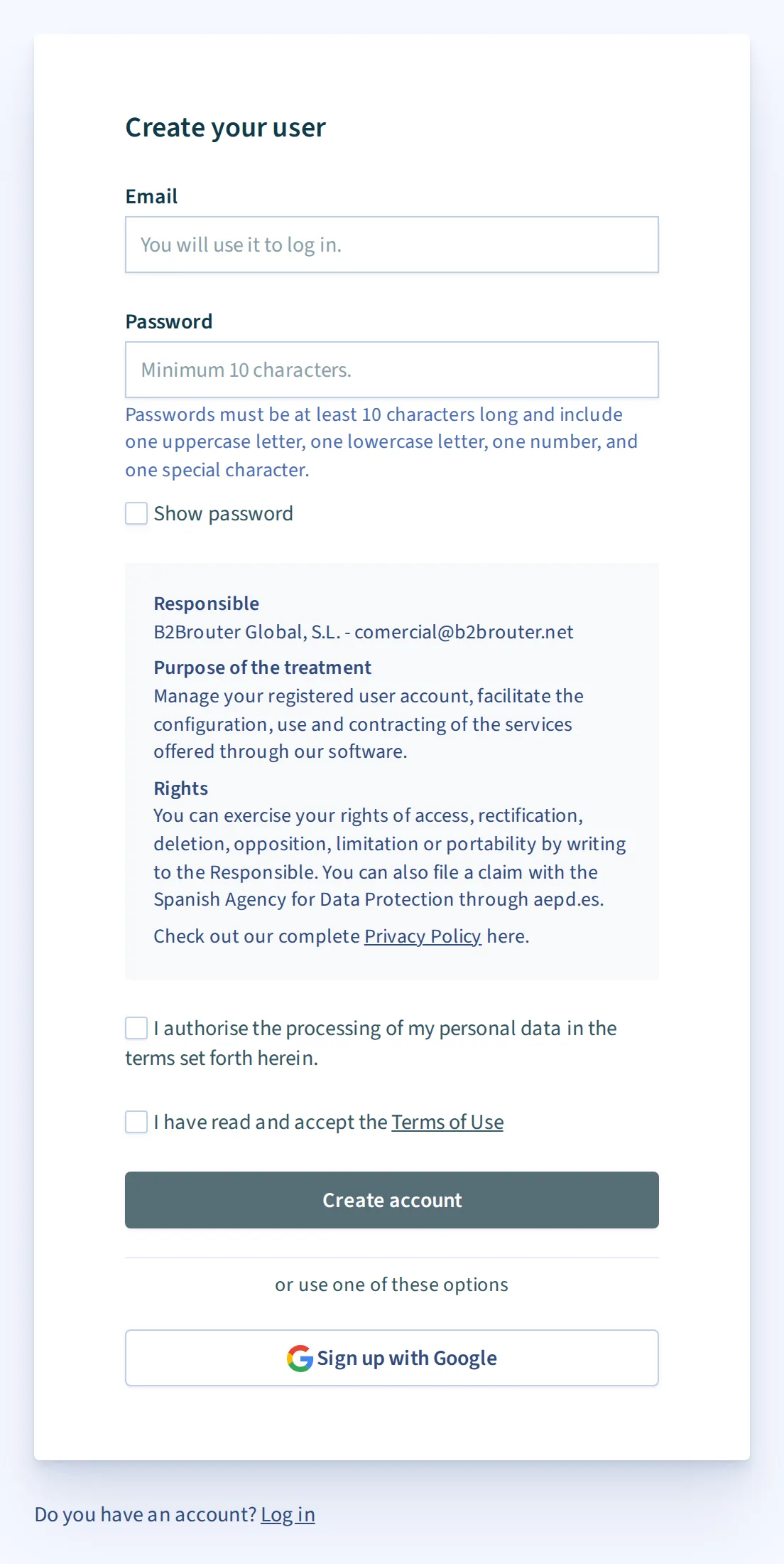 The B2Brouter sign-up form