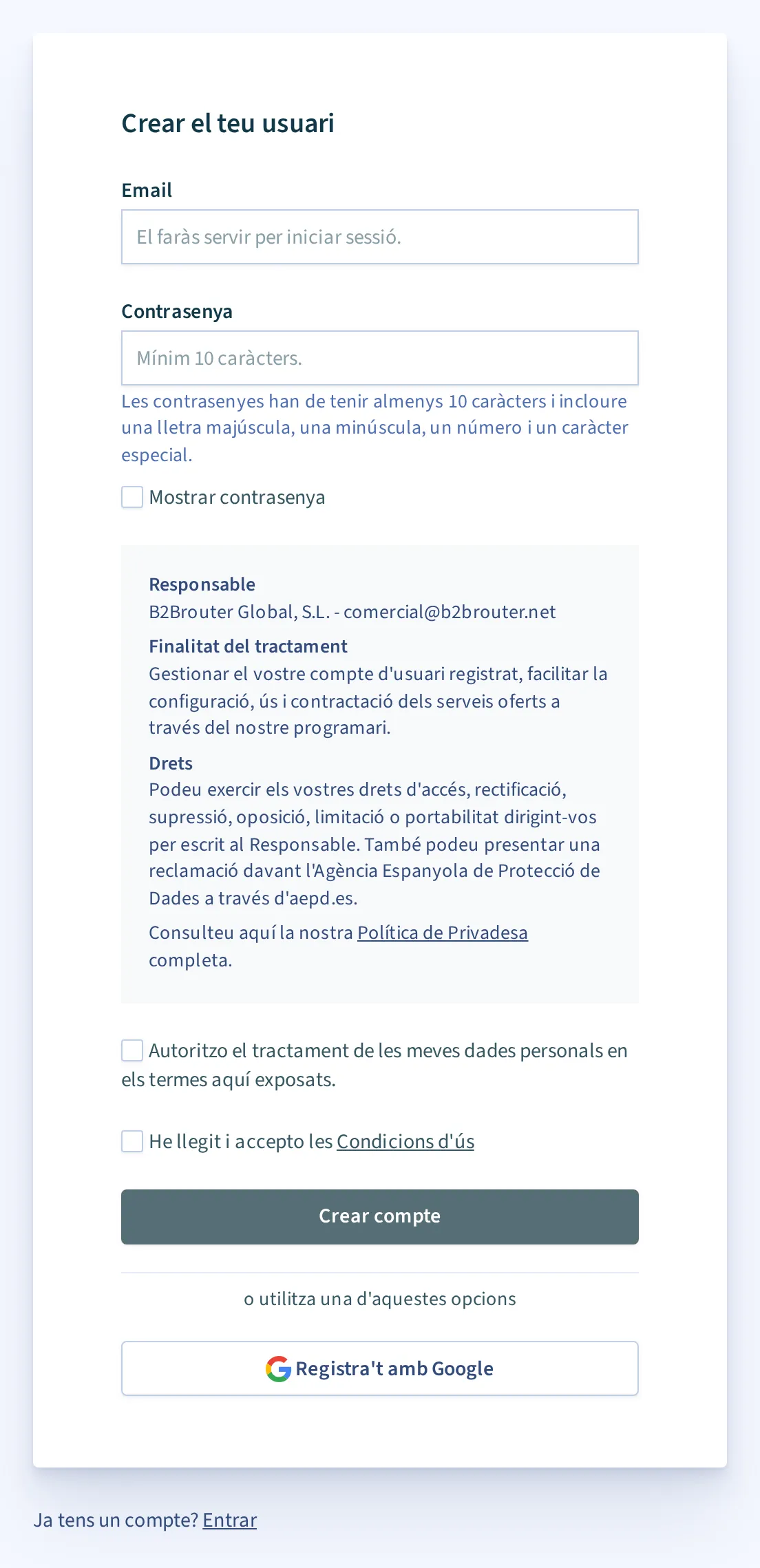 El formulari de registre de B2Brouter