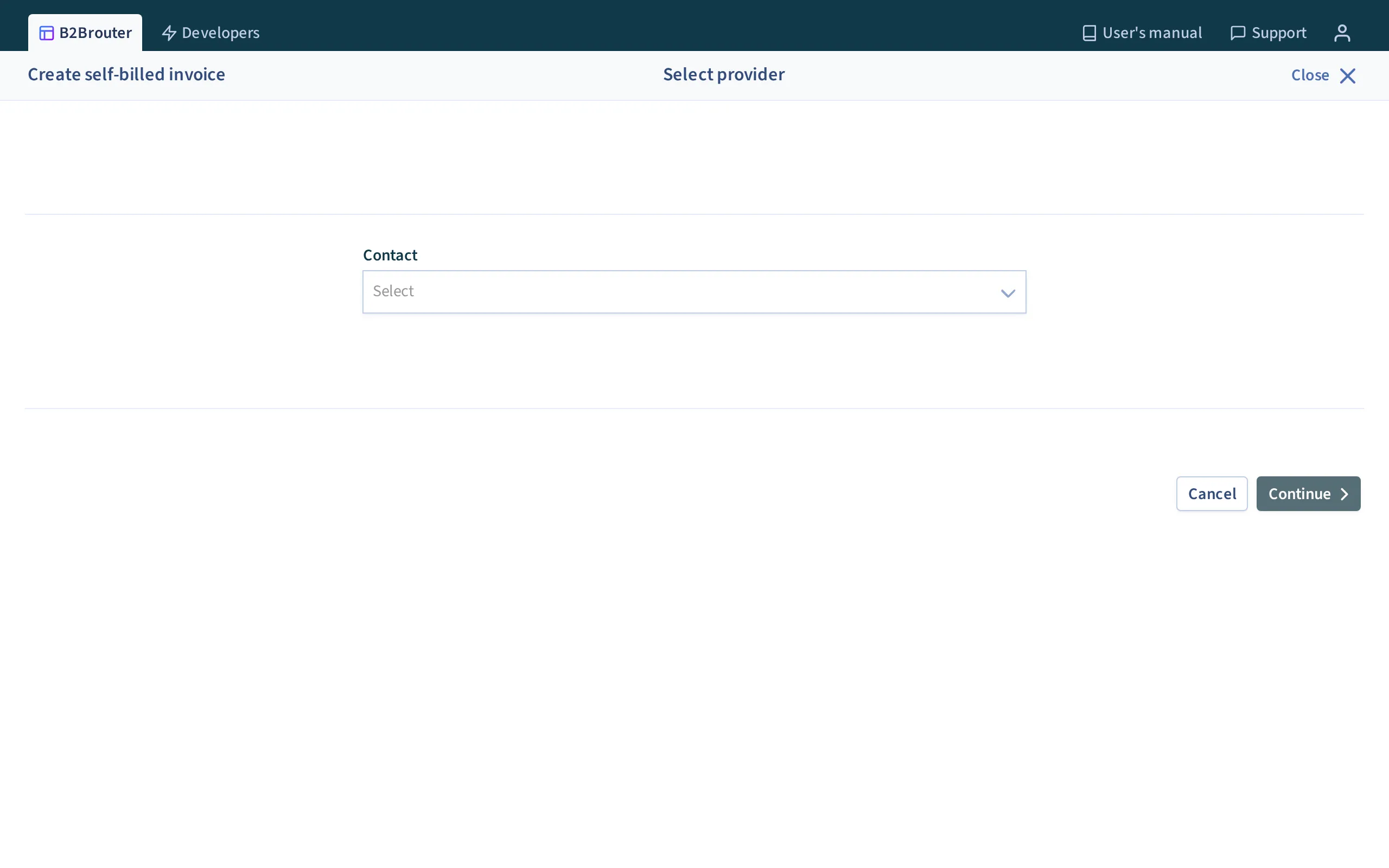 The contact selection when creating a self-invoice
