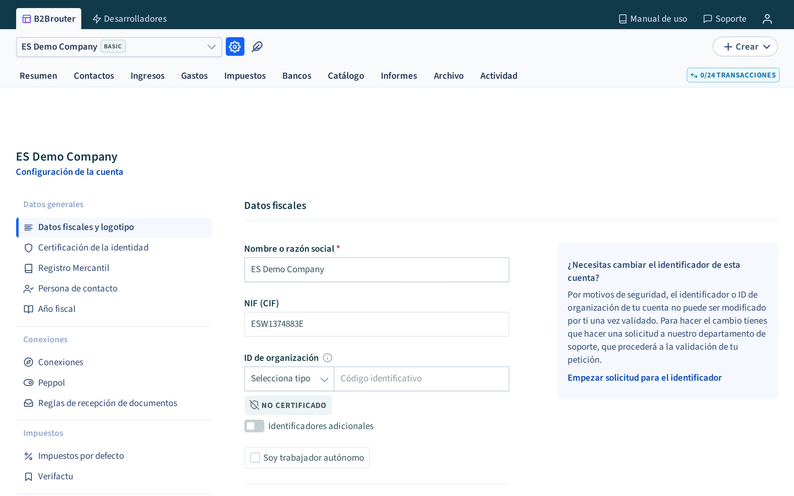 La configuración de la cuenta en B2Brouter