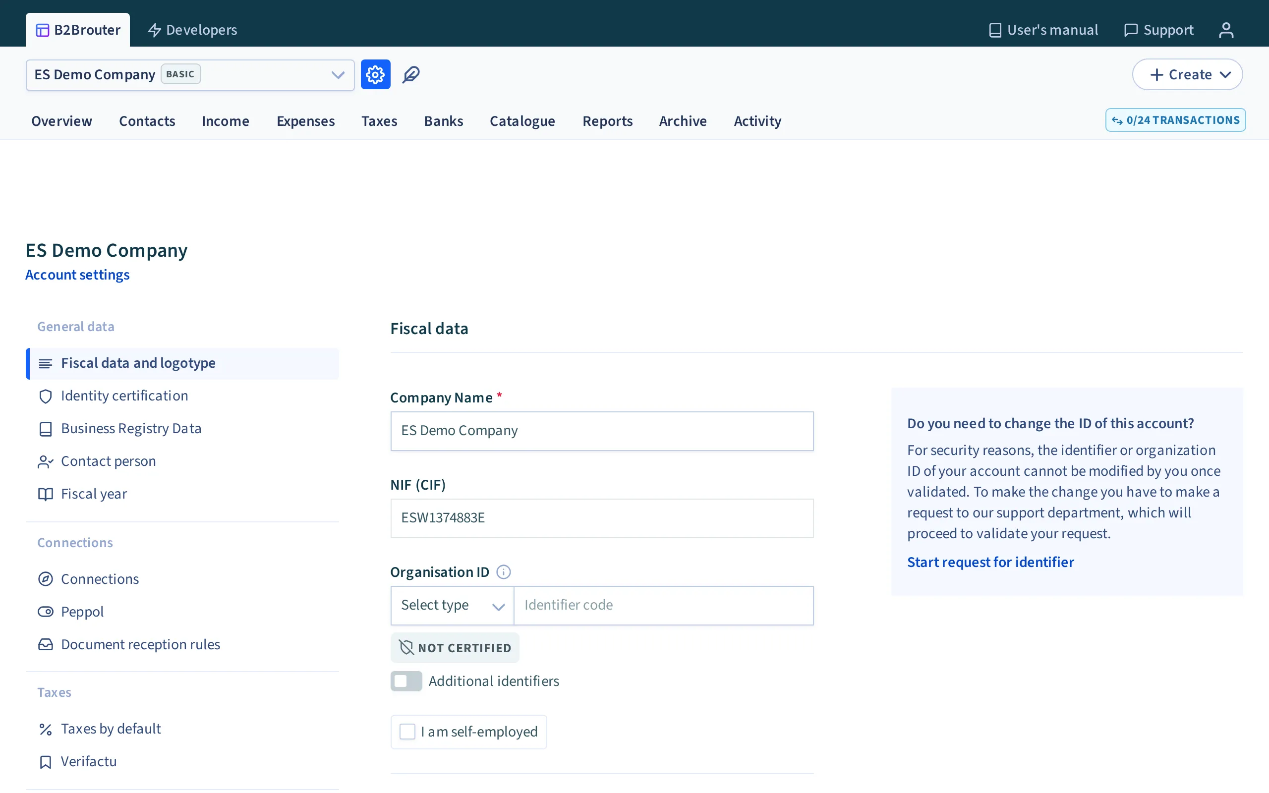 The account settings in B2Brouter