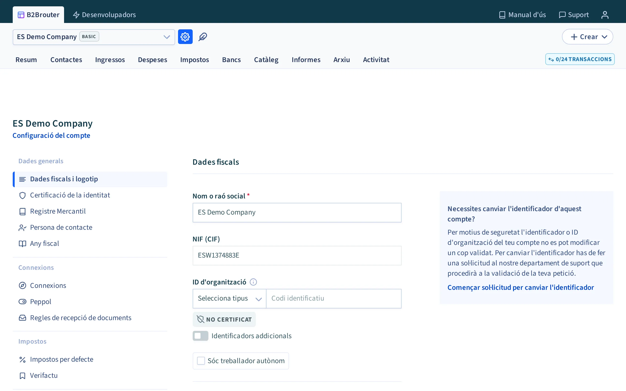 La configuració del compte a B2Brouter