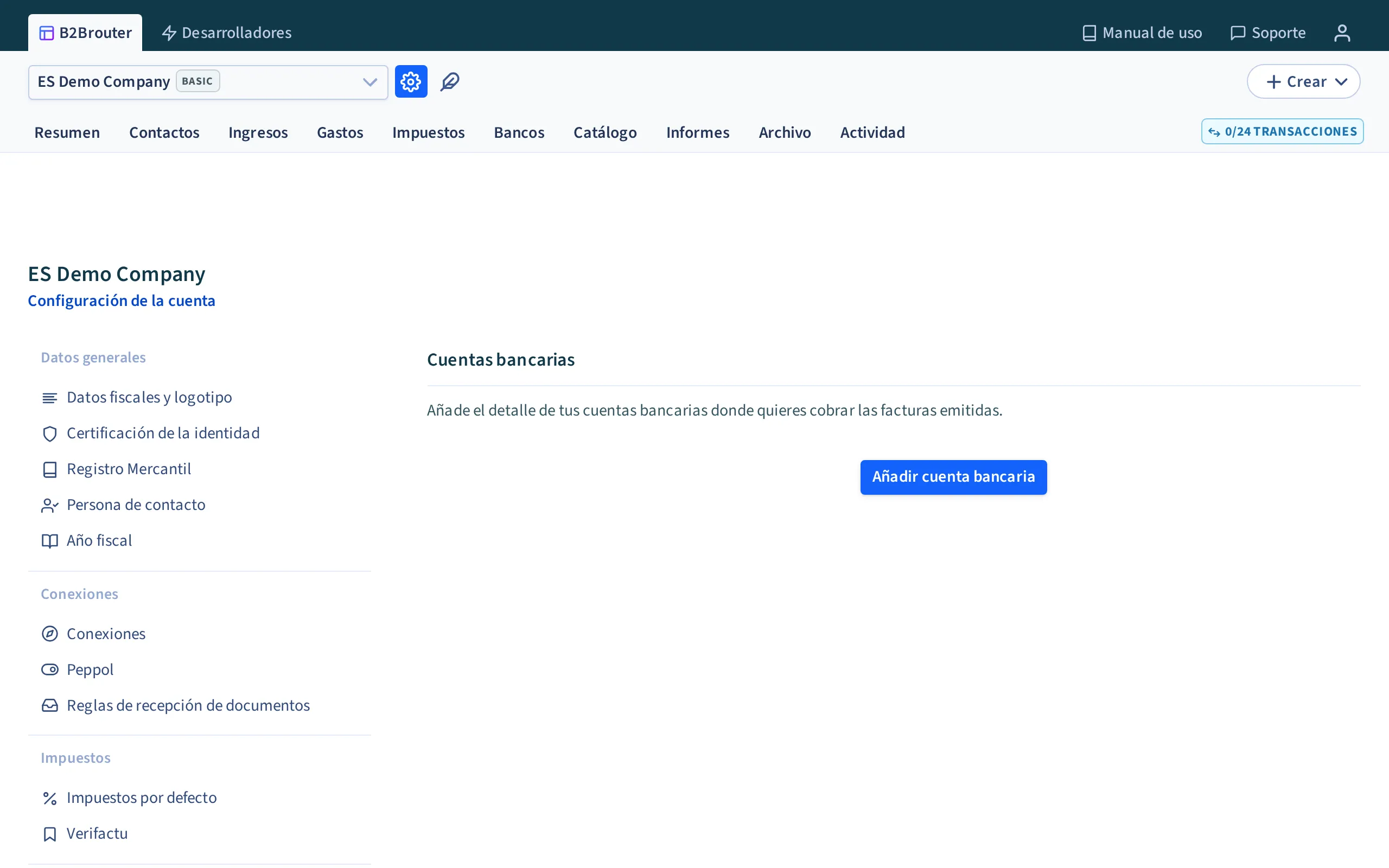 La sección de cuentas bancarias