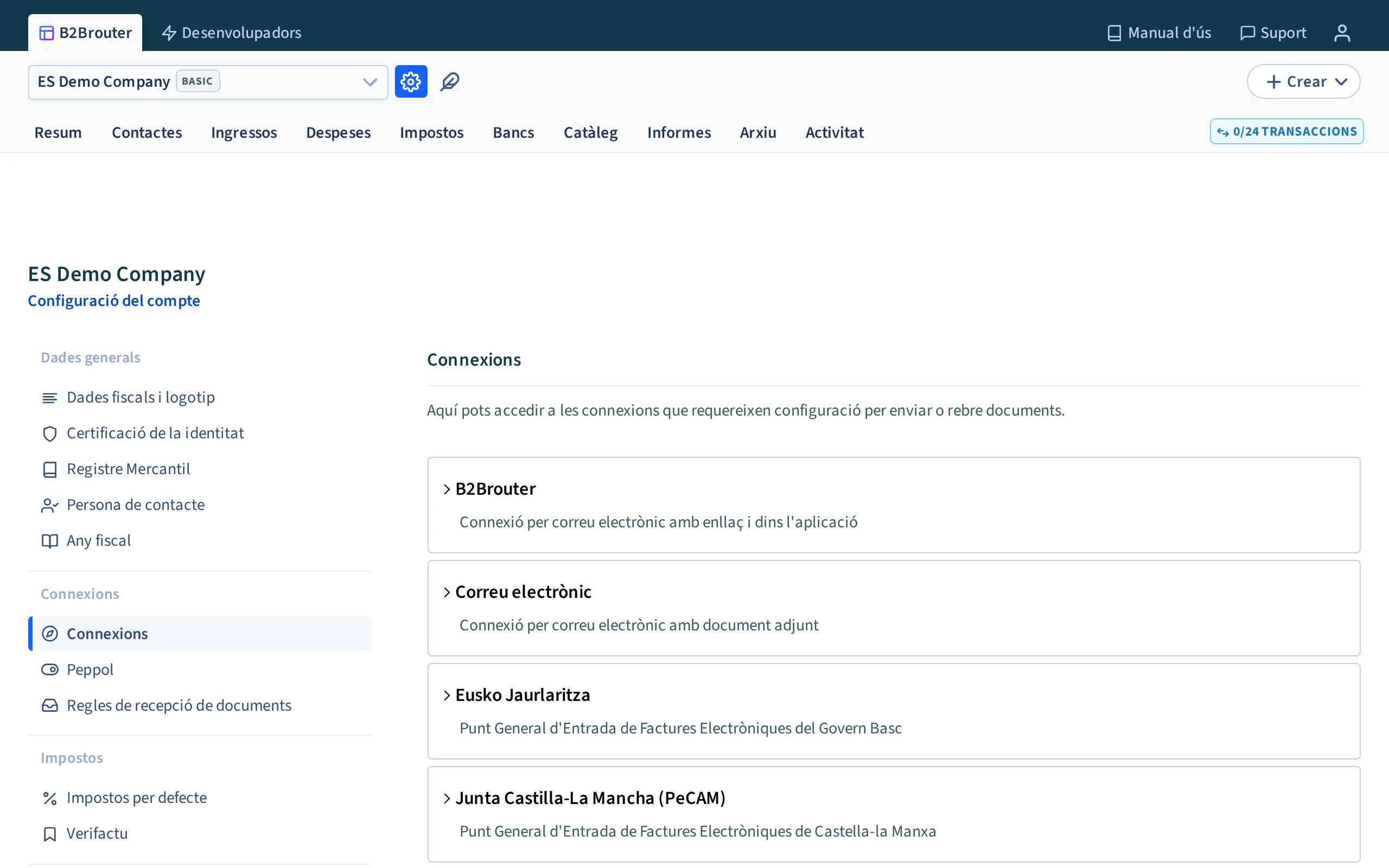 La secció de connexions de la configuració del compte