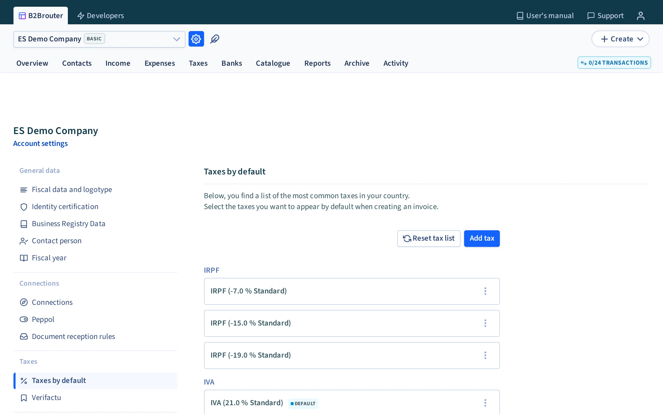 The default taxes section