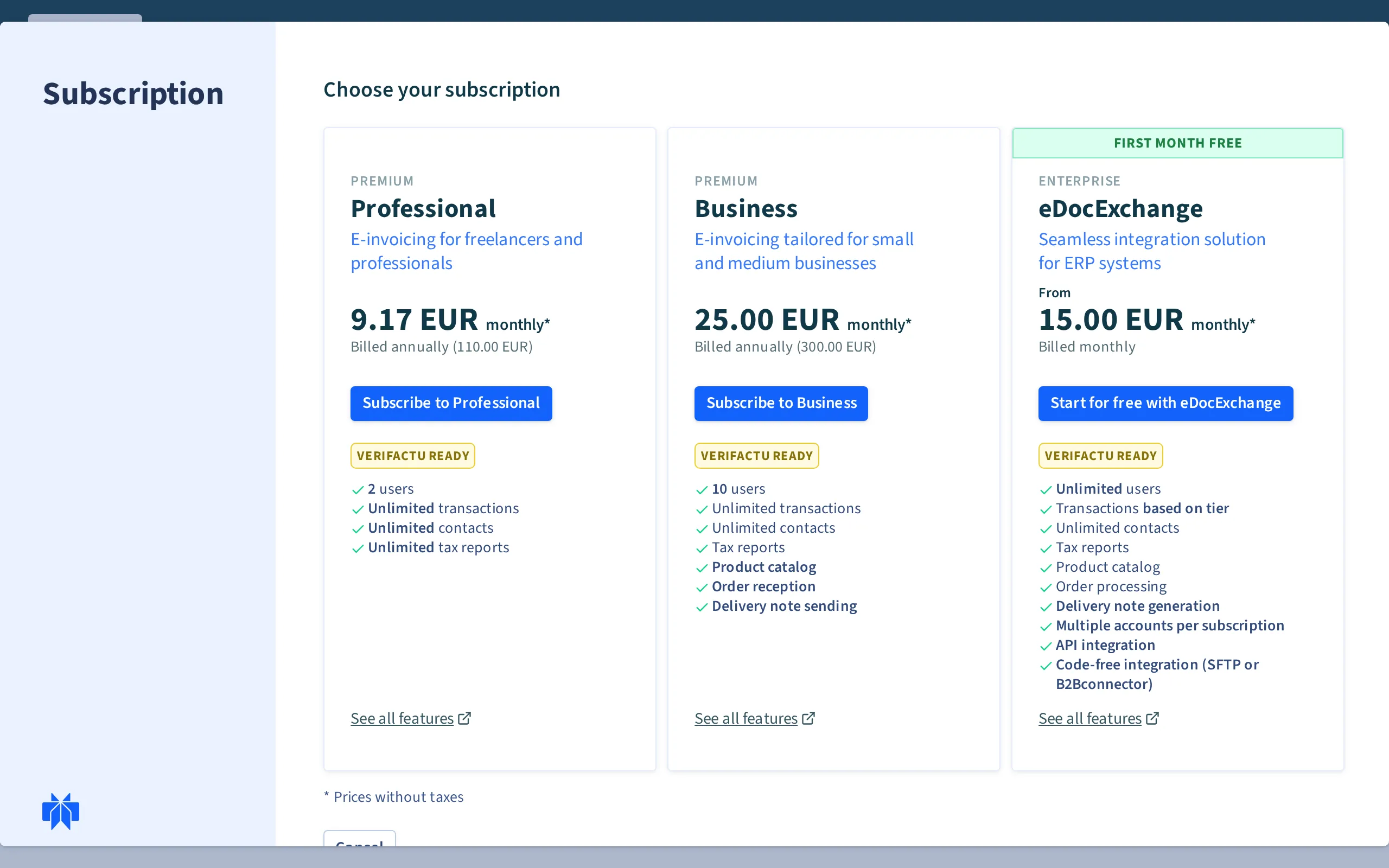 The Premium subscription selection