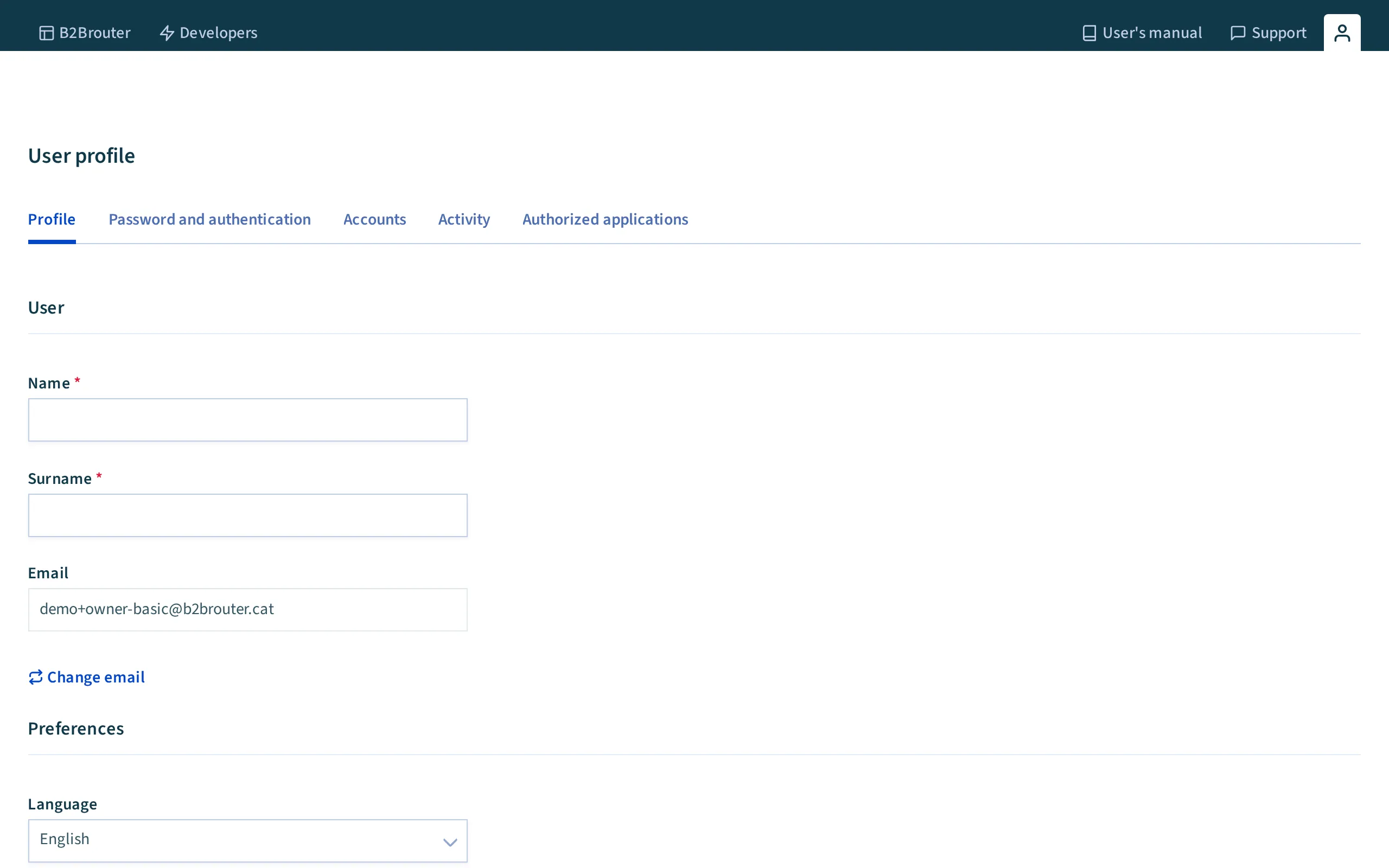 The user profile in B2Brouter