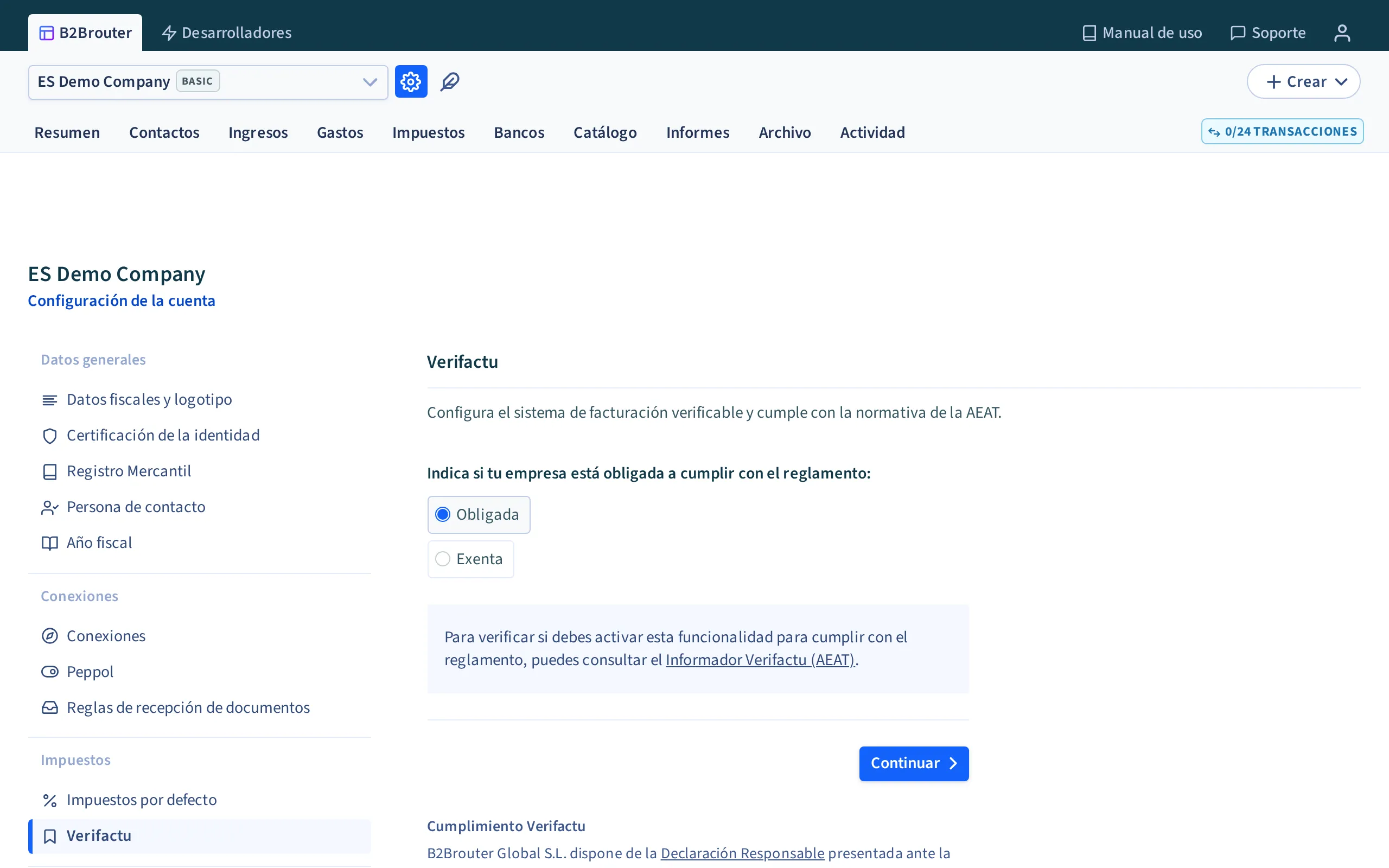 La sección de VeriFactu en la configuración de la cuenta