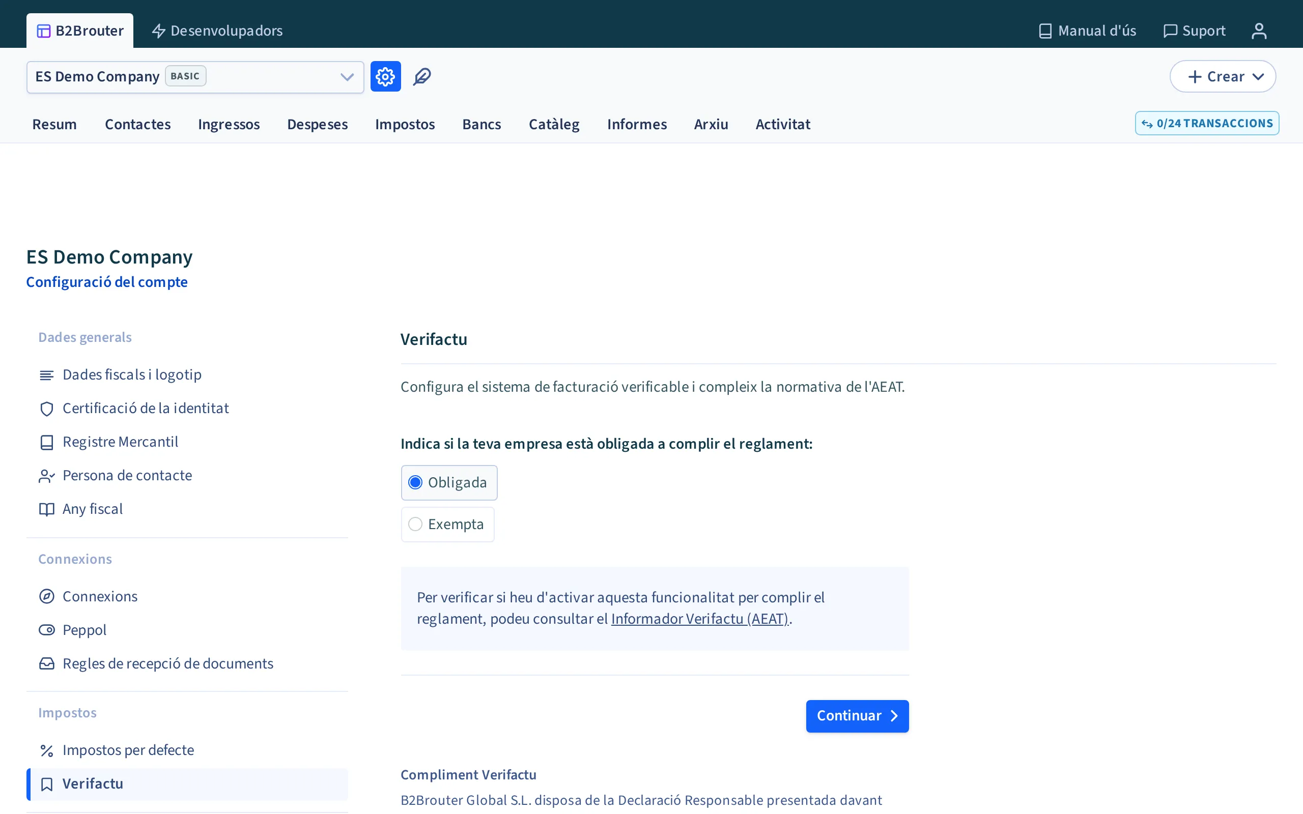 La secció de VeriFactu a la configuració del compte