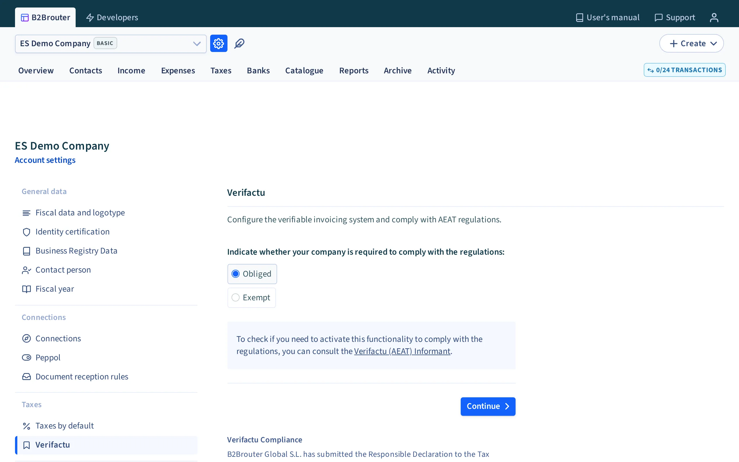 The VeriFactu section in the account settings