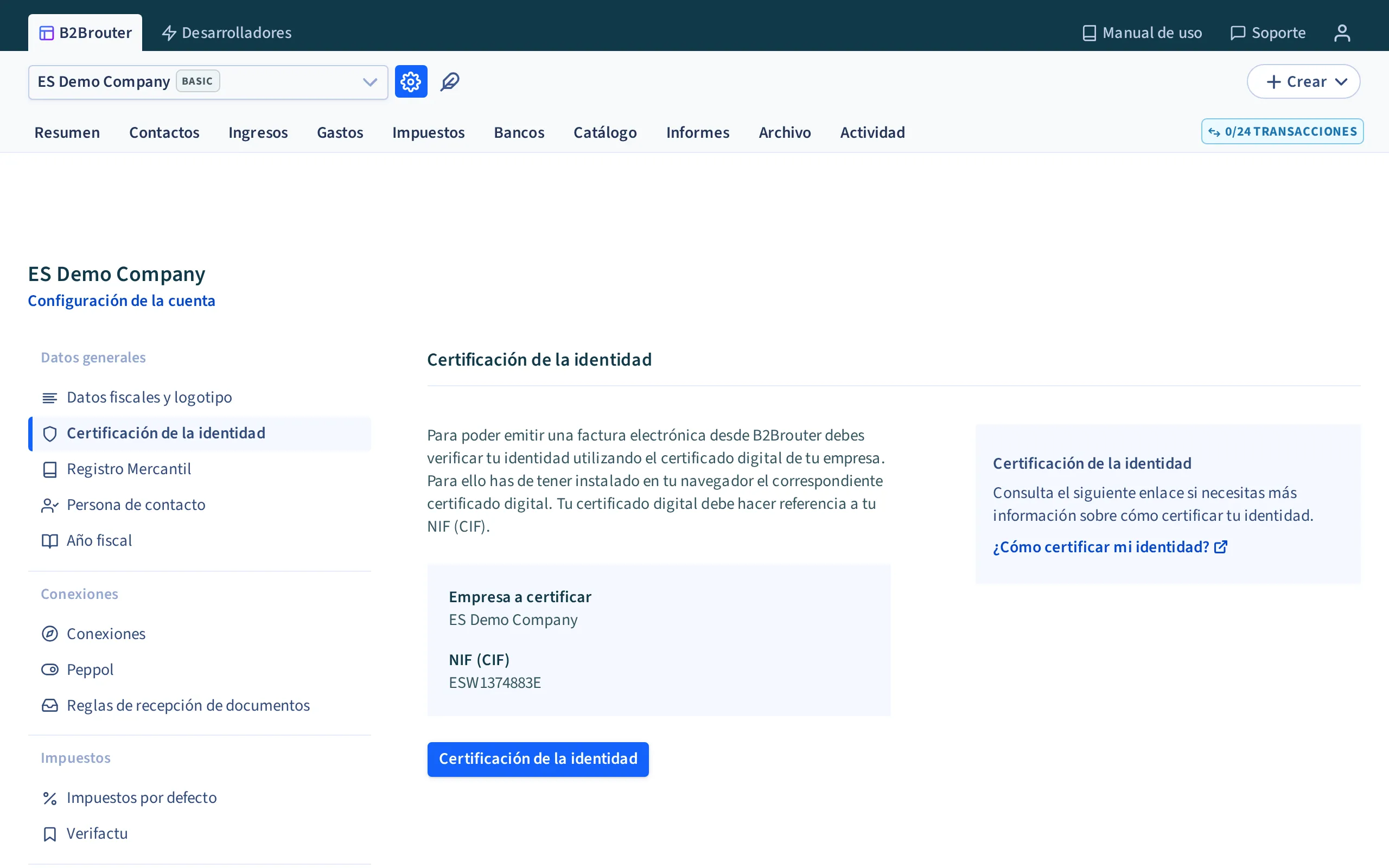 La sección de Certificación de la identidad